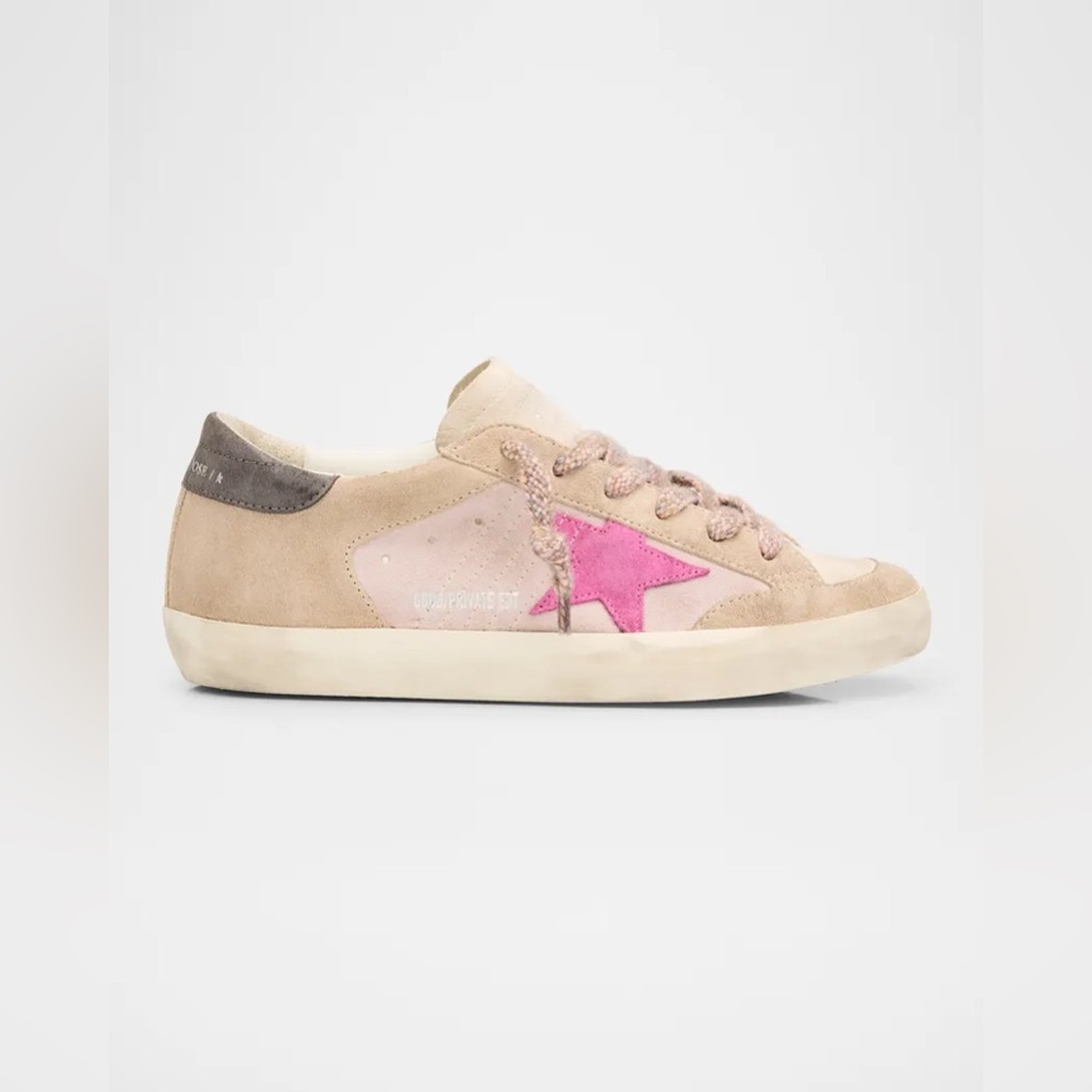 Golden Goose Beige Suede Sneakers with Pink Star Accent